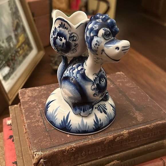 Gzhel Porcelain Blue and White Dragon Candle Holder - Picture 1 of 7